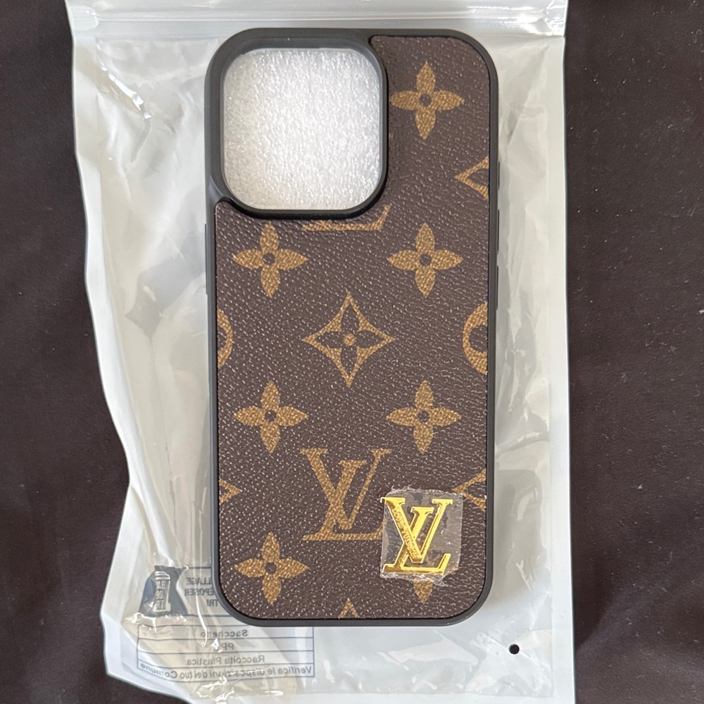 Louis Vuitton Monogram Canvas Phone Case in Brown with Gold LV Badge